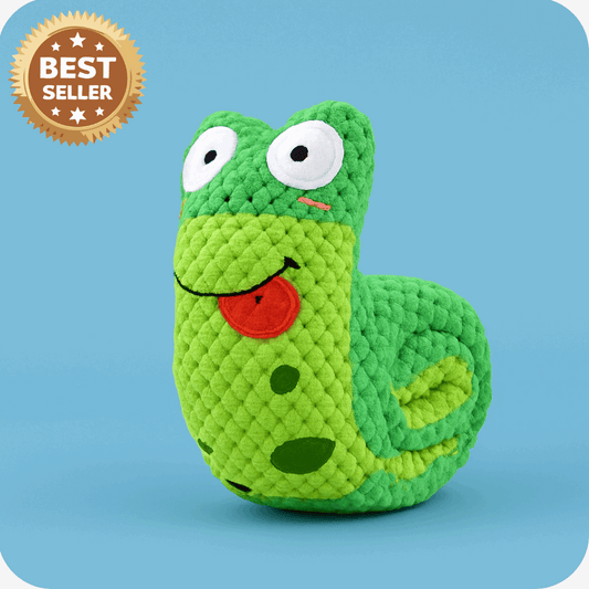 "Chew-resistant fleece dog toy with hidden treat pockets and squeaker, shaped like a snail.